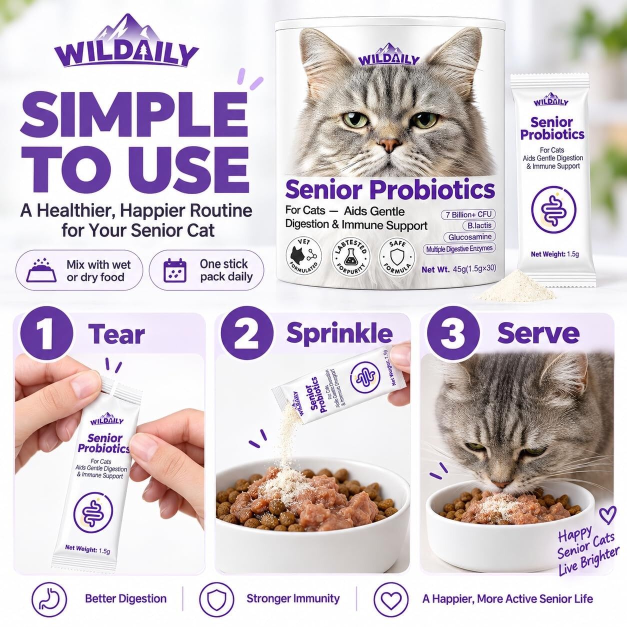 Wildaily Probiotics for Cats with Prebiotics, 7 Billion CFU Digestive & Gut Health Support for Senior Cats, Daily Probiotic Powder for Older Cats, 30 Stick Packs