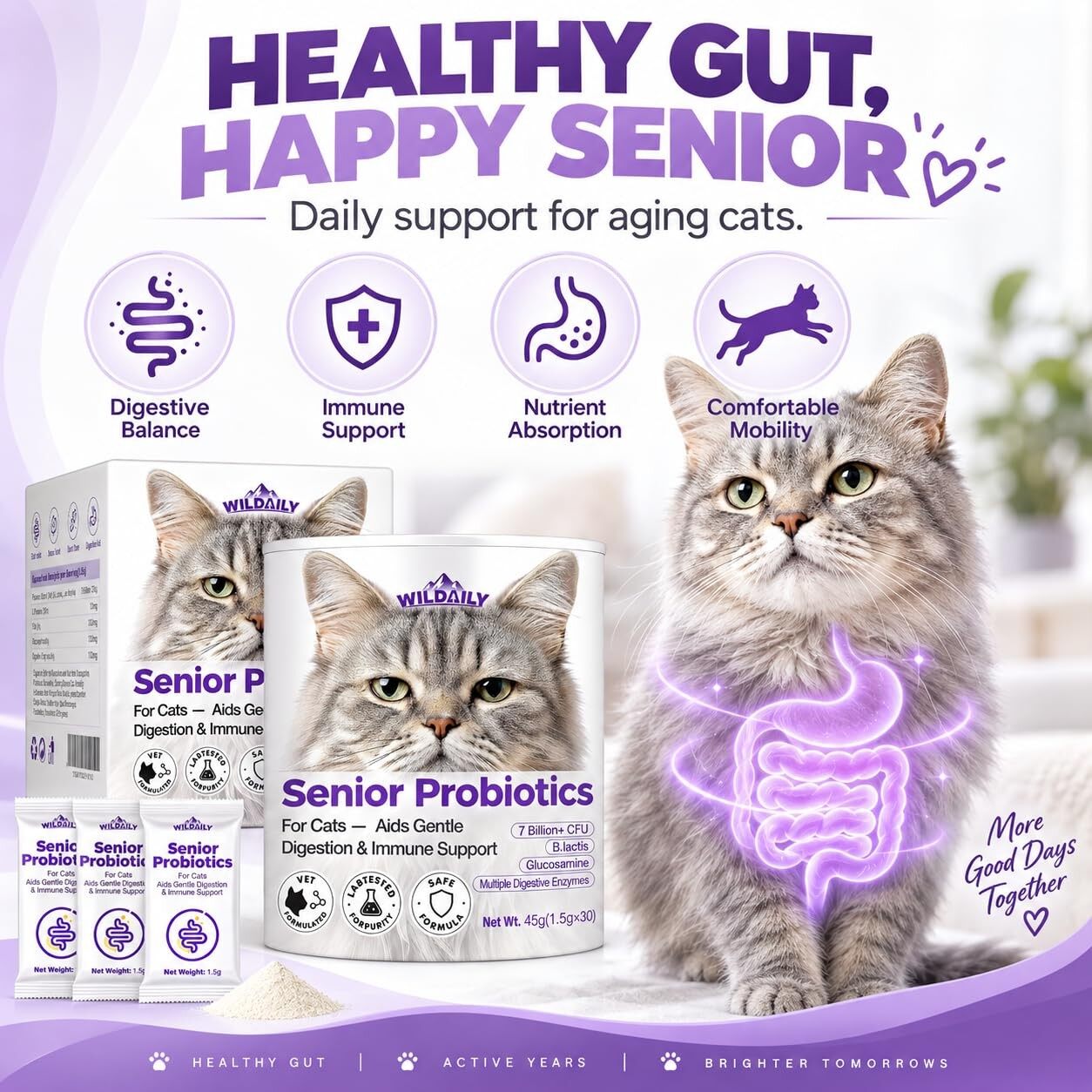 Wildaily Probiotics for Cats with Prebiotics, 7 Billion CFU Digestive & Gut Health Support for Senior Cats, Daily Probiotic Powder for Older Cats, 30 Stick Packs