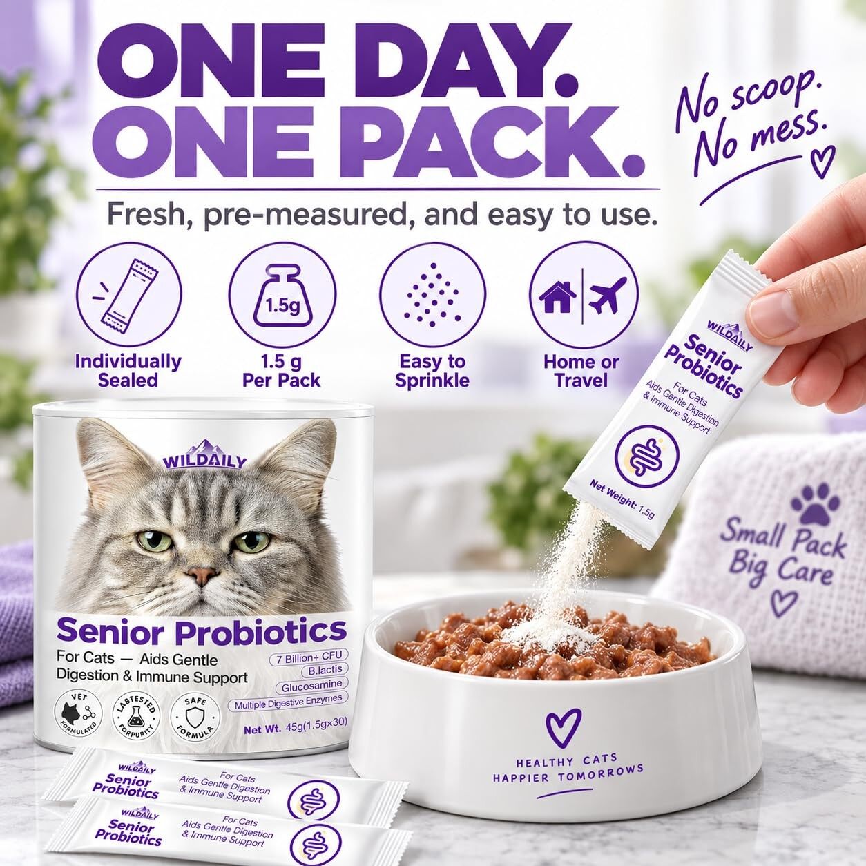 Wildaily Probiotics for Cats with Prebiotics, 7 Billion CFU Digestive & Gut Health Support for Senior Cats, Daily Probiotic Powder for Older Cats, 30 Stick Packs