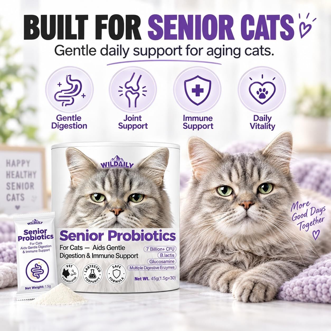 Wildaily Probiotics for Cats with Prebiotics, 7 Billion CFU Digestive & Gut Health Support for Senior Cats, Daily Probiotic Powder for Older Cats, 30 Stick Packs