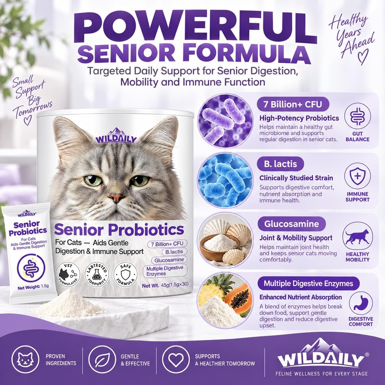 Wildaily Probiotics for Cats with Prebiotics, 7 Billion CFU Digestive & Gut Health Support for Senior Cats, Daily Probiotic Powder for Older Cats, 30 Stick Packs