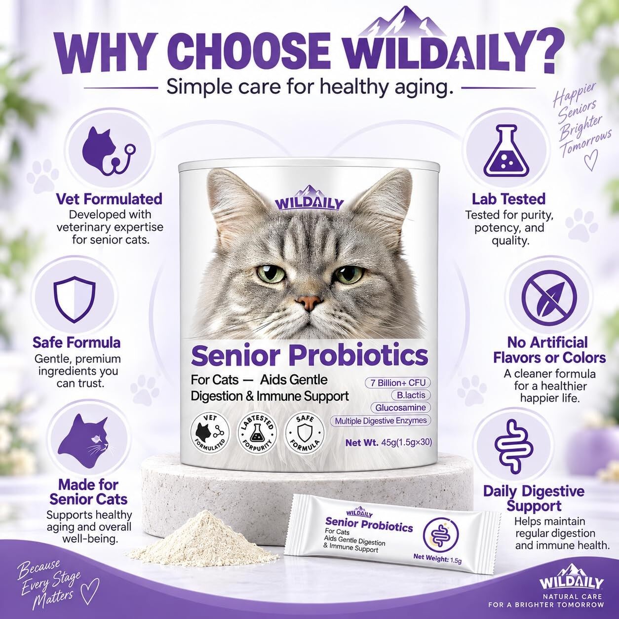 Wildaily Probiotics for Cats with Prebiotics, 7 Billion CFU Digestive & Gut Health Support for Senior Cats, Daily Probiotic Powder for Older Cats, 30 Stick Packs