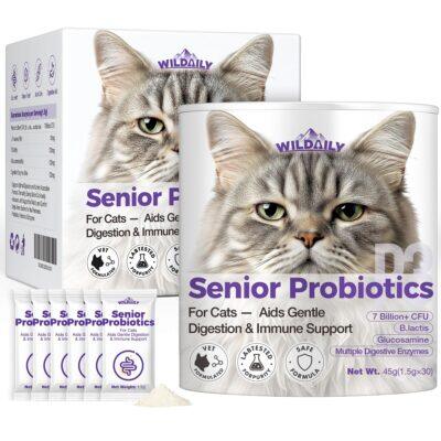Wildaily Probiotics for Cats with Prebiotics, 7 Billion CFU Digestive & Gut Health Support for Senior Cats, Daily Probiotic Powder for Older Cats, 30 Stick Packs