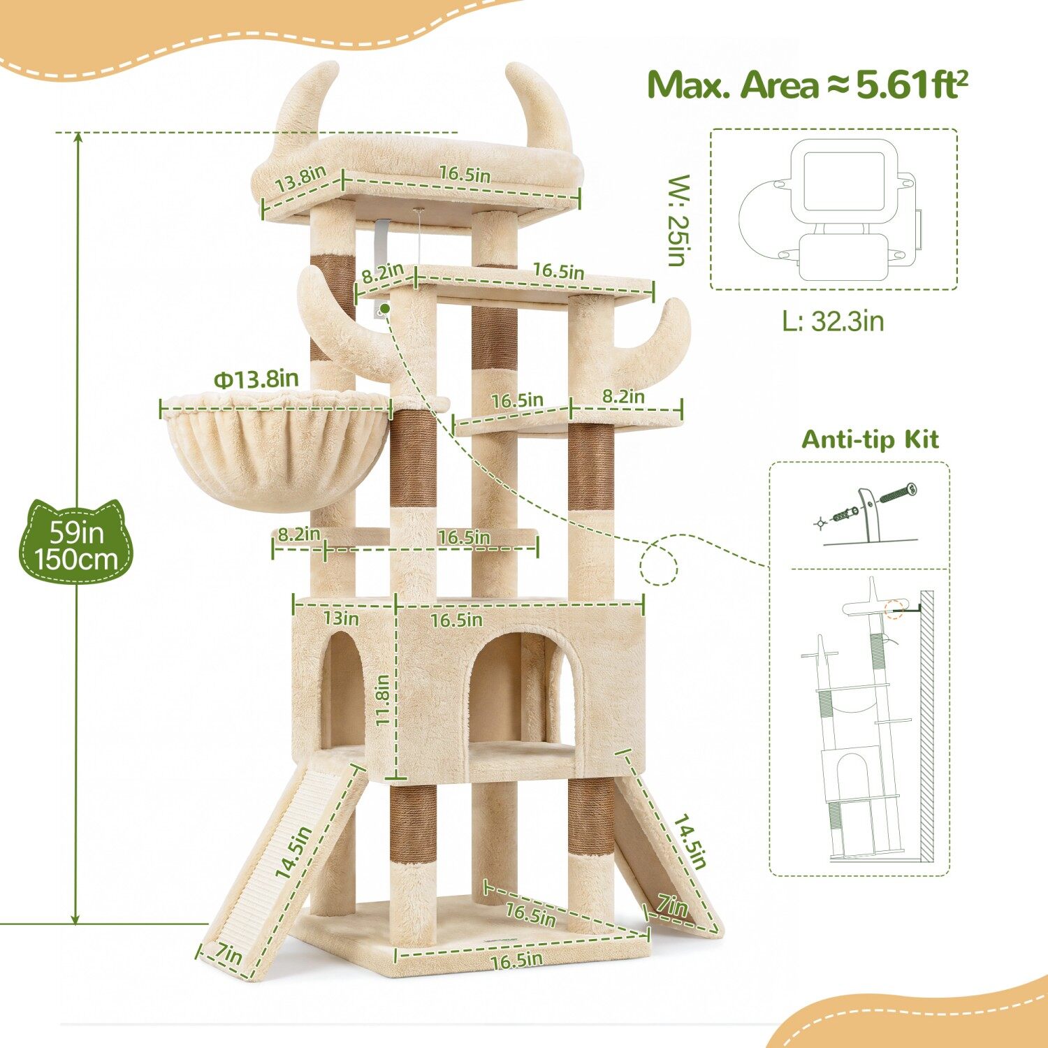 Z59 Taurus Cat Tree with Twin Sisal Ramps for Senior Cats & Kittens (Beige, 59-inch)