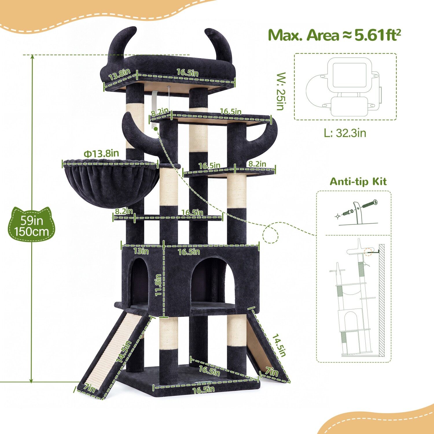 Z59 Taurus Cat Tree with Twin Sisal Ramps for Senior Cats & Kittens (Dark Grey, 59-inch)