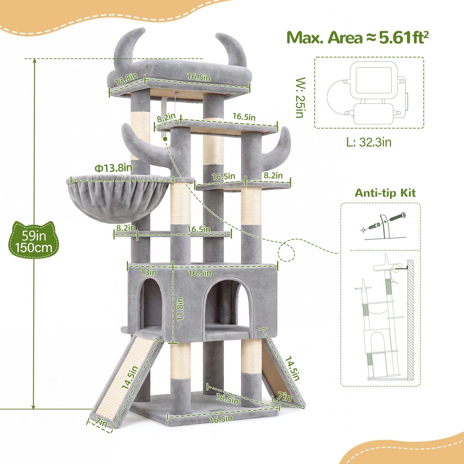 Z59 Taurus Cat Tree with Twin Sisal Ramps for Senior Cats & Kittens (Light Grey, 59-inch)