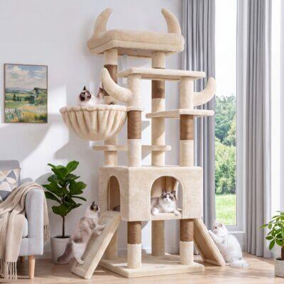 Z59 Taurus Cat Tree with Twin Sisal Ramps for Senior Cats & Kittens (Beige, 59-inch)
