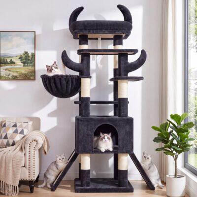 Z59 Taurus Cat Tree with Twin Sisal Ramps for Senior Cats & Kittens (Dark Grey, 59-inch)