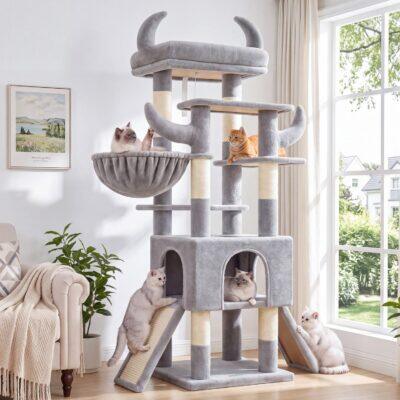 Z59 Taurus Cat Tree with Twin Sisal Ramps for Senior Cats & Kittens (Light Grey, 59-inch)