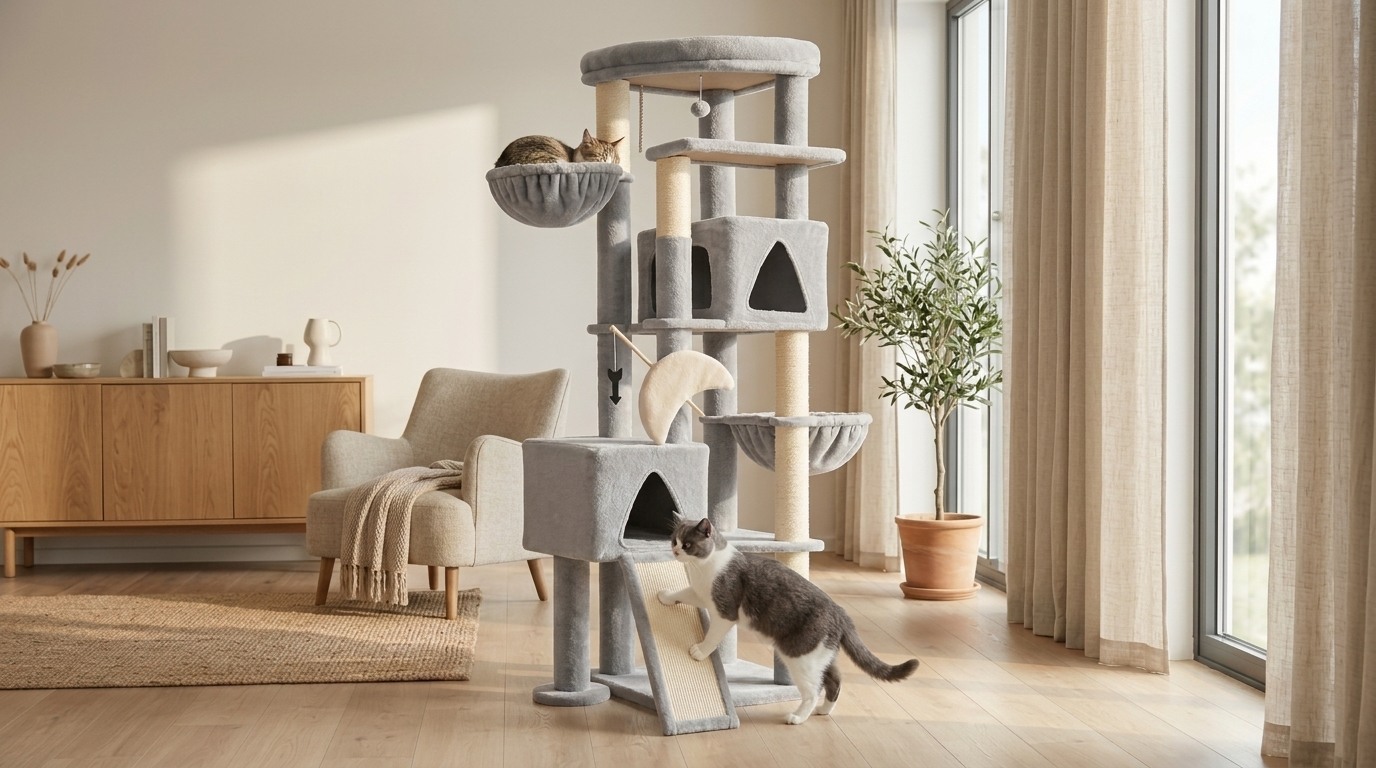 Z74 Sagittarius Tall Cat Tree for Active Cats (Light Grey, 74-inch)